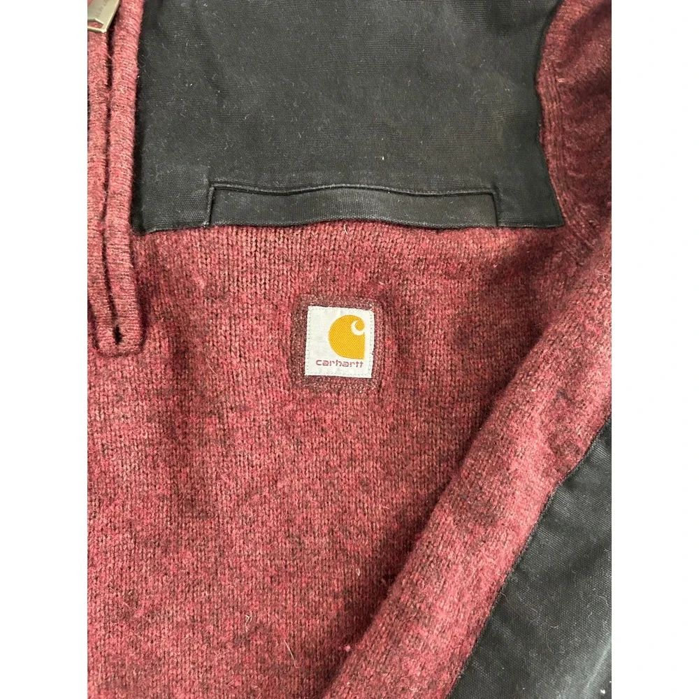 Carhartt Quarter Zip Sweater Mens Medium Burgundy Wool Blend Canvas Overlays